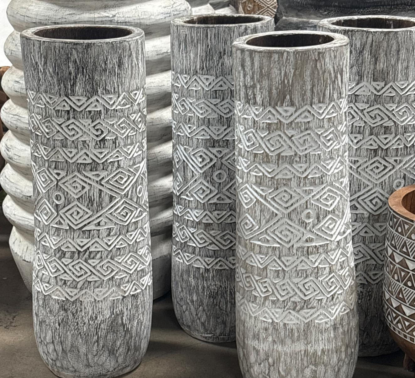 Bali Earthform Wood Carved Totem Vessel – Ornamental Finish White