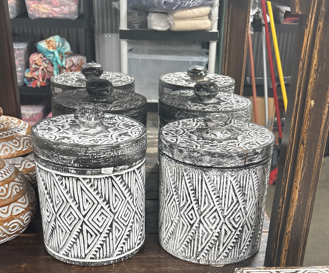 Bali Earthform Wood Tribal Carved Canister – White Etched