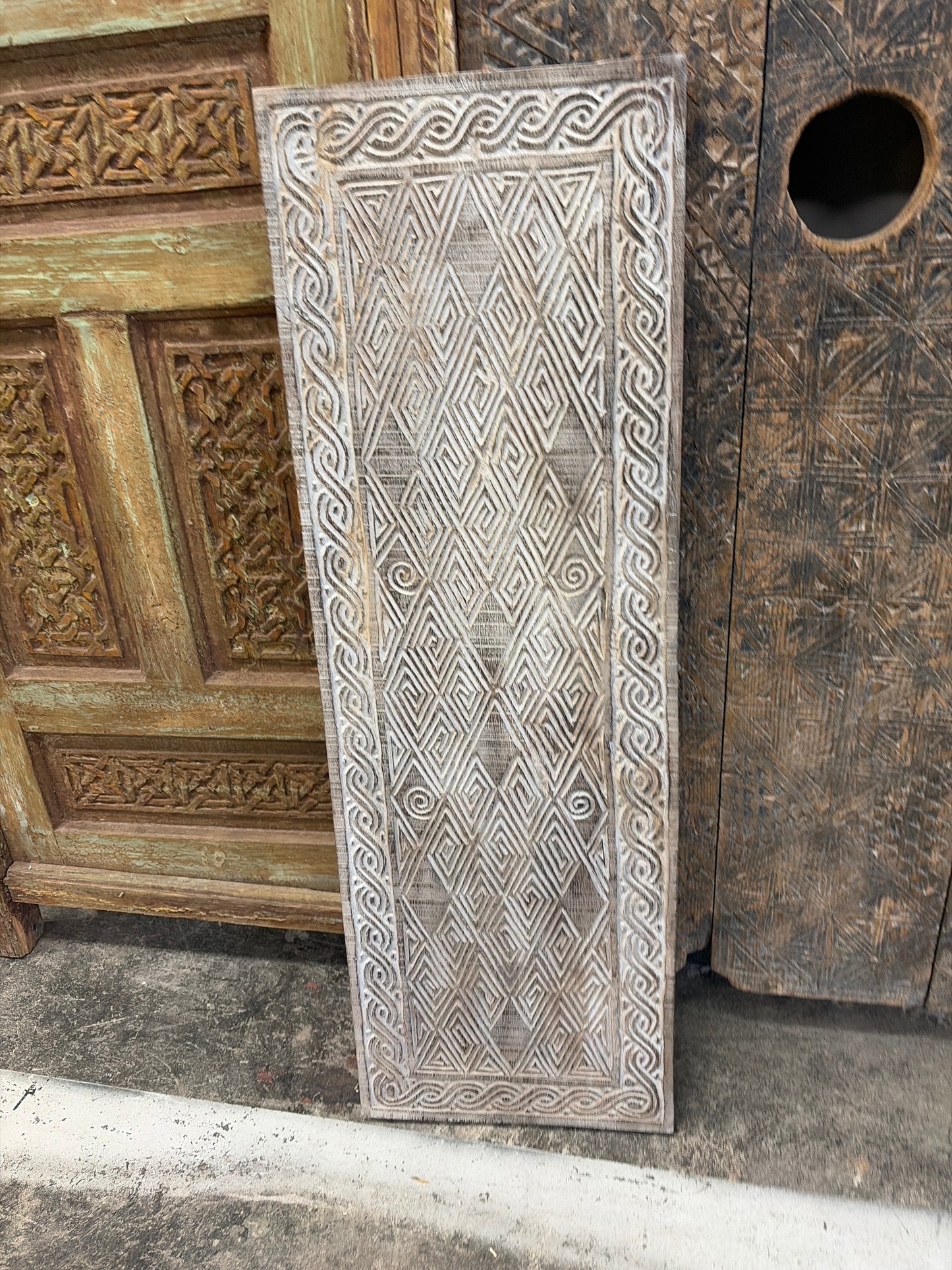 Bali Earthform Geometric Carved Wood Panel – Natural-Whitewash - 45"