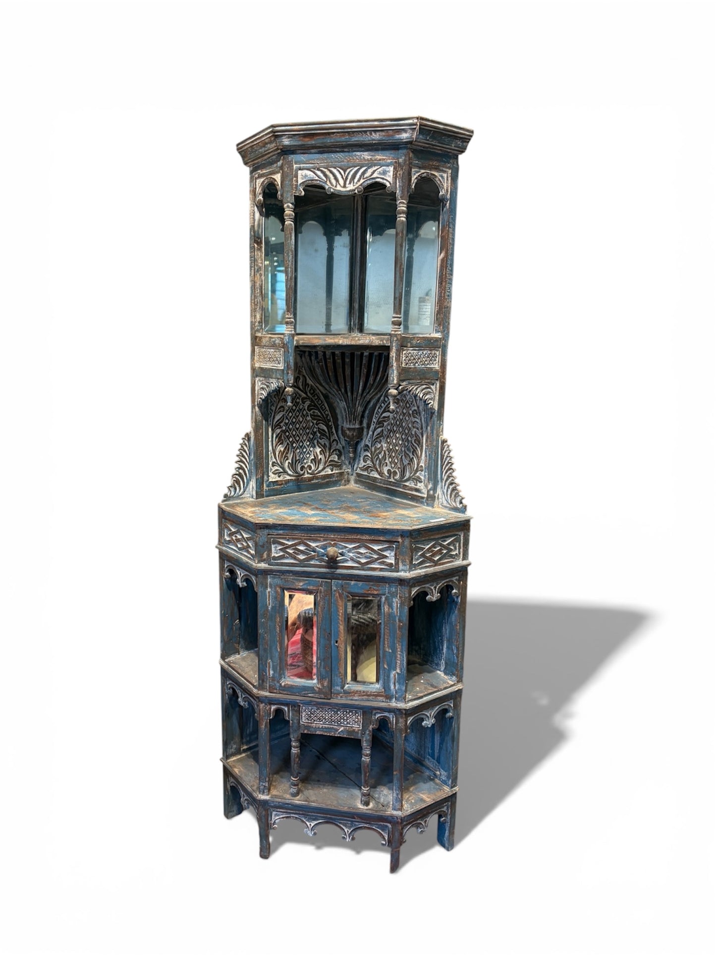 India Haveli Carved Wood & Mirror Corner Cabinet – Distressed Jodhpur Blue