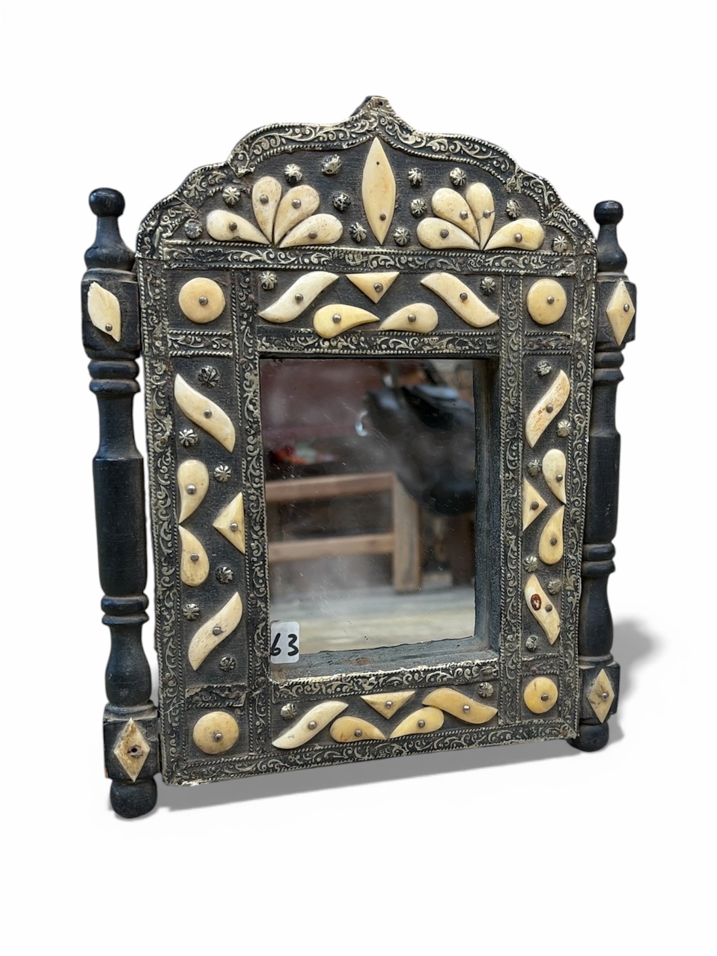 Morocco Medina Embossed Silver & Bone Inlay Mirror – Tribal Black & Cream
