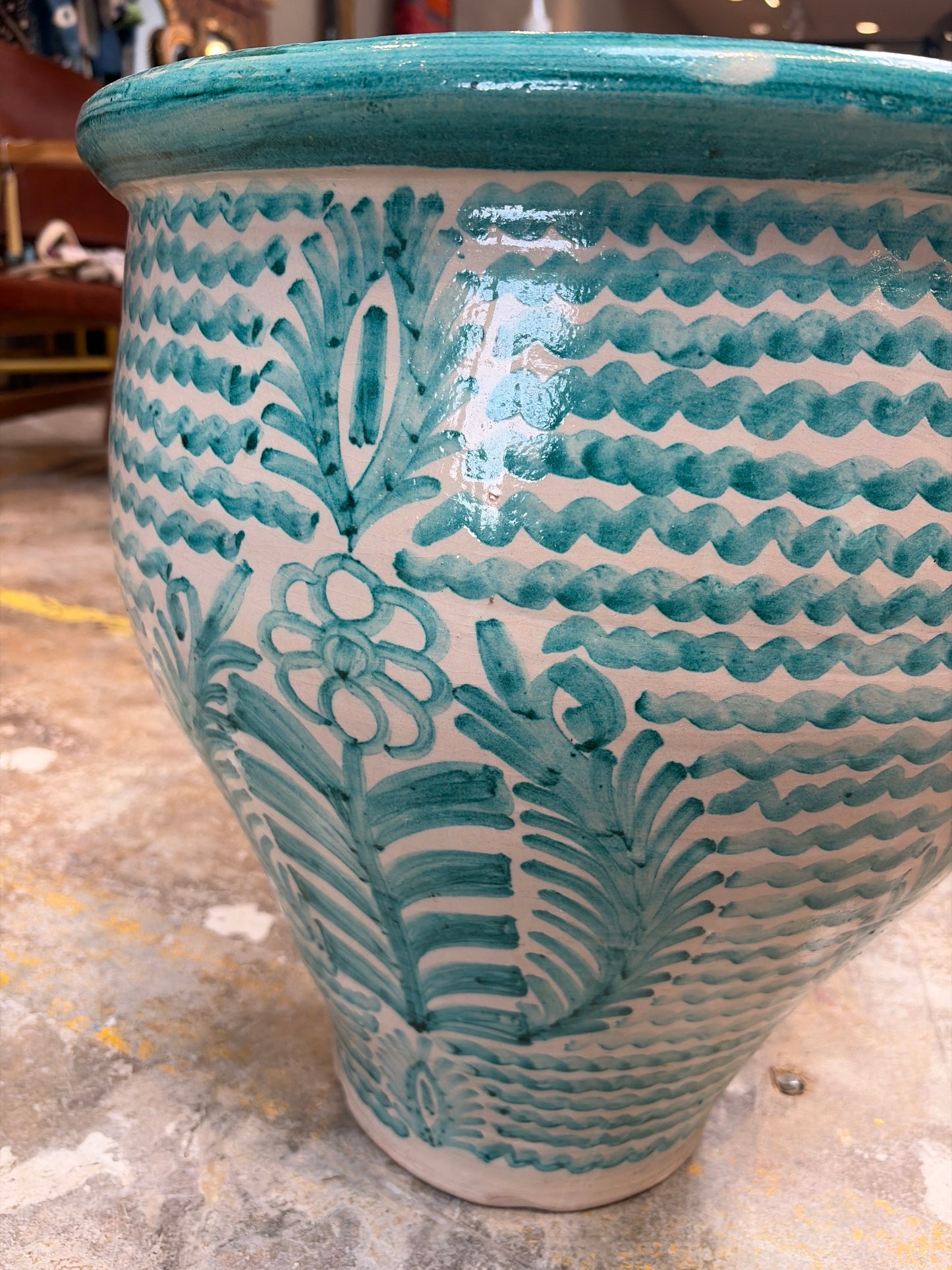 Morocco Medina Hand-Painted Ceramic Planter Vase – Teal Wave & Palm Floral 18"