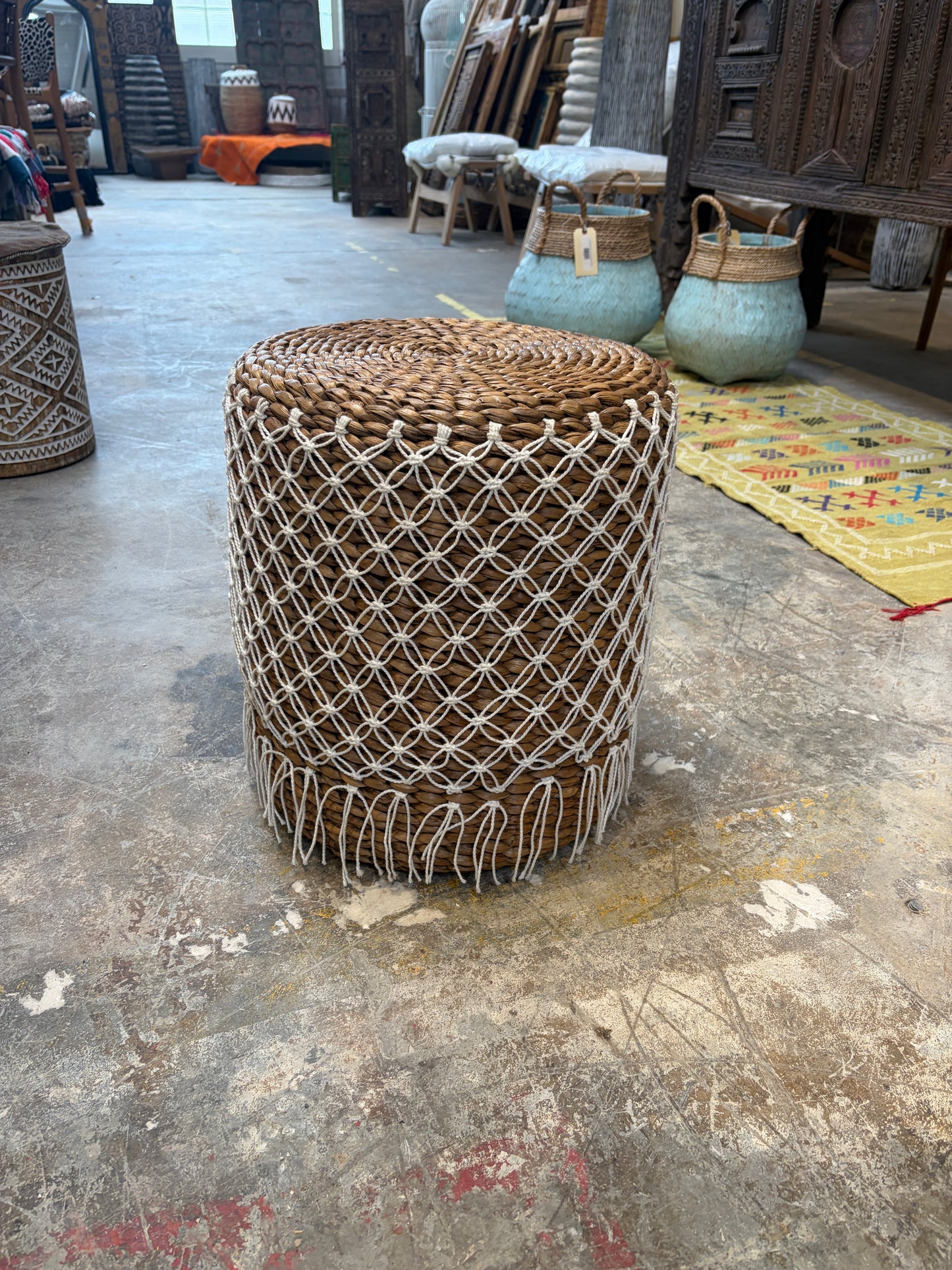 Nomadic Wild Raffia Overlay Stool – White Pattern