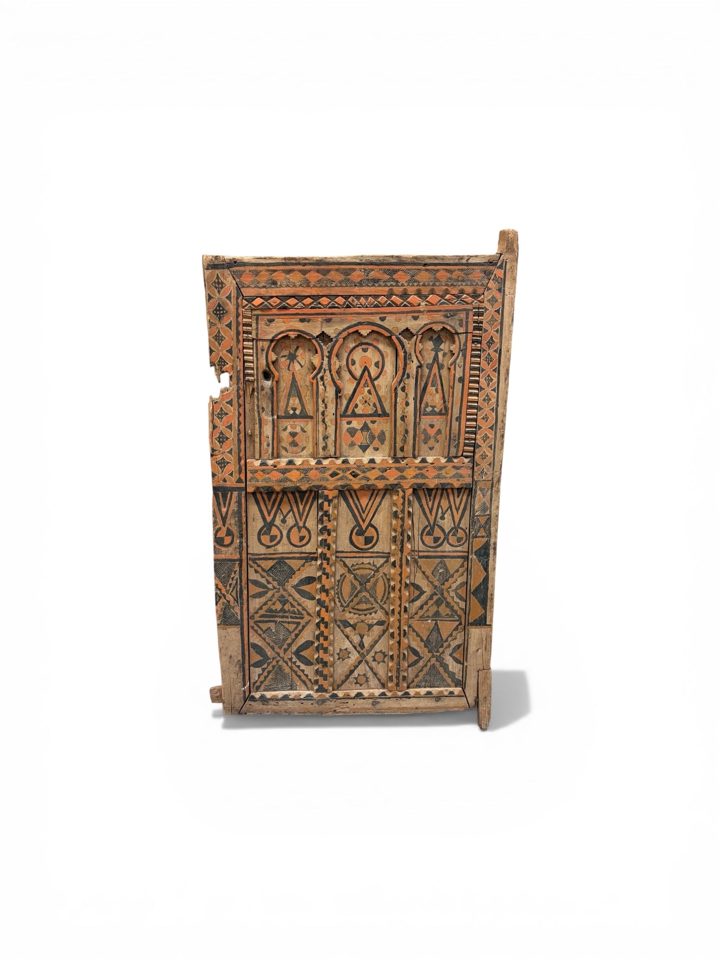 Morocco Medina Antique Painted Orange and Black Zouak Geometric 1/2 Door with Moorish Arch Motifs