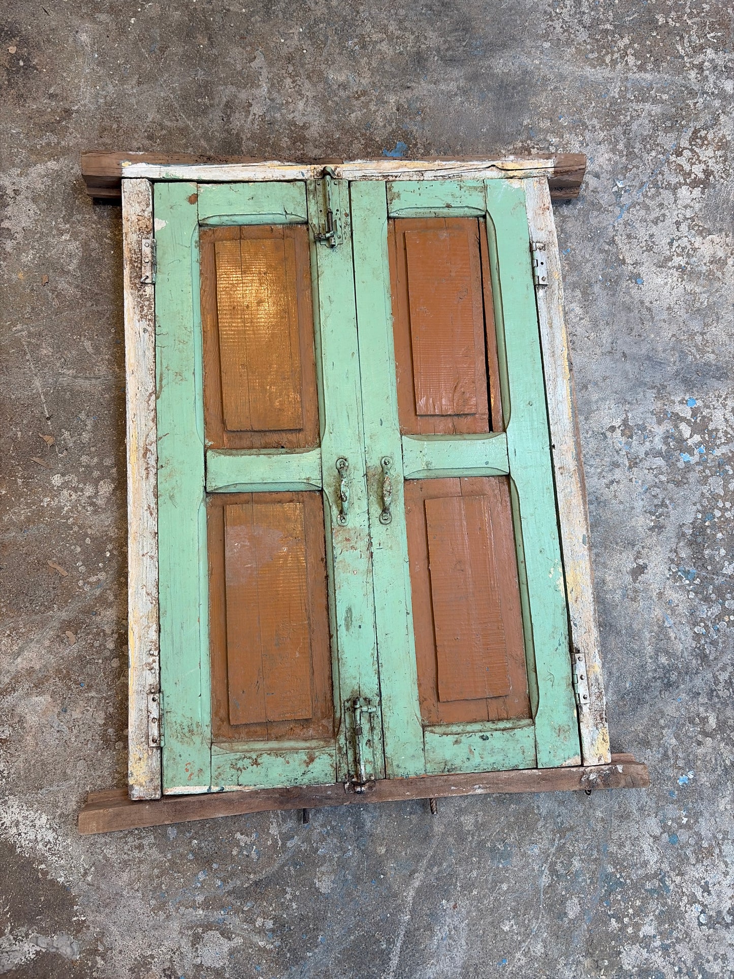 Morocco Medina Antique Distressed Green and Orange Painted Wood Window Doors with Decorative White Metal Grate