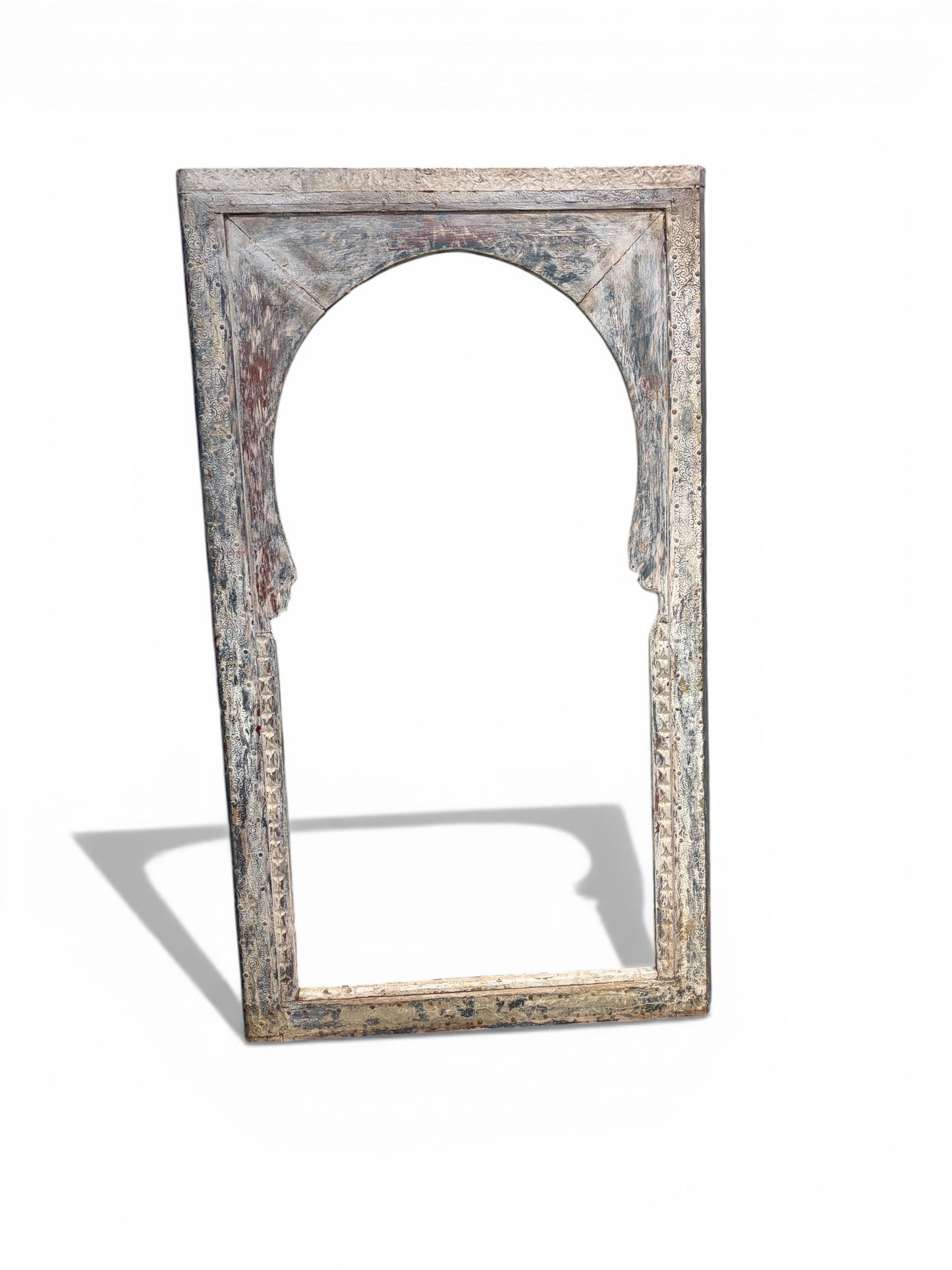 Morocco Medina Antique Distressed Whitewashed Wood Moorish Arch Door Frame with Embossed Floral Metal Trim