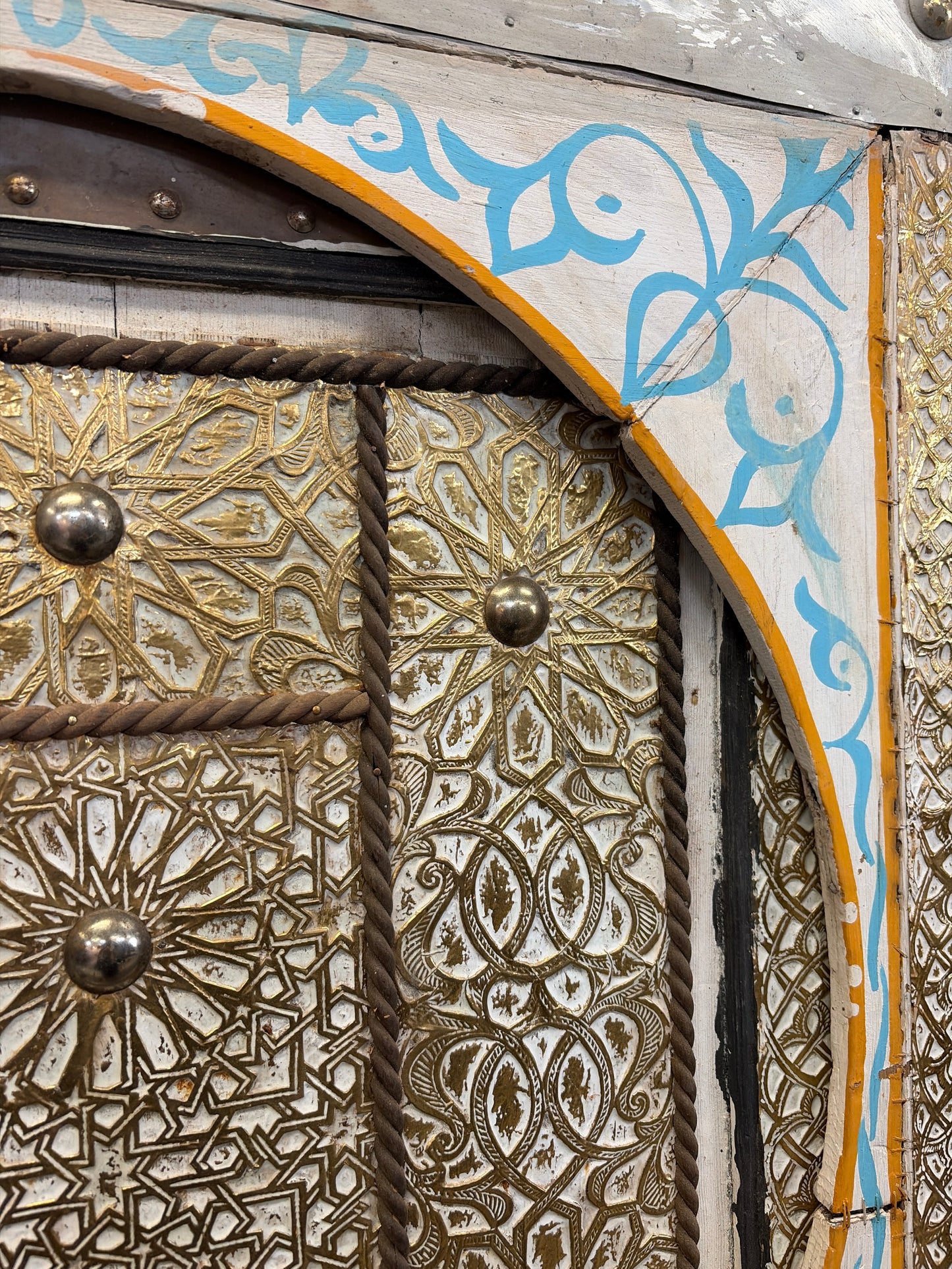 Morocco Medina Antique Painted White and Blue Wood Door with Embossed Gold Geometric Star Inlay and Iron Latch