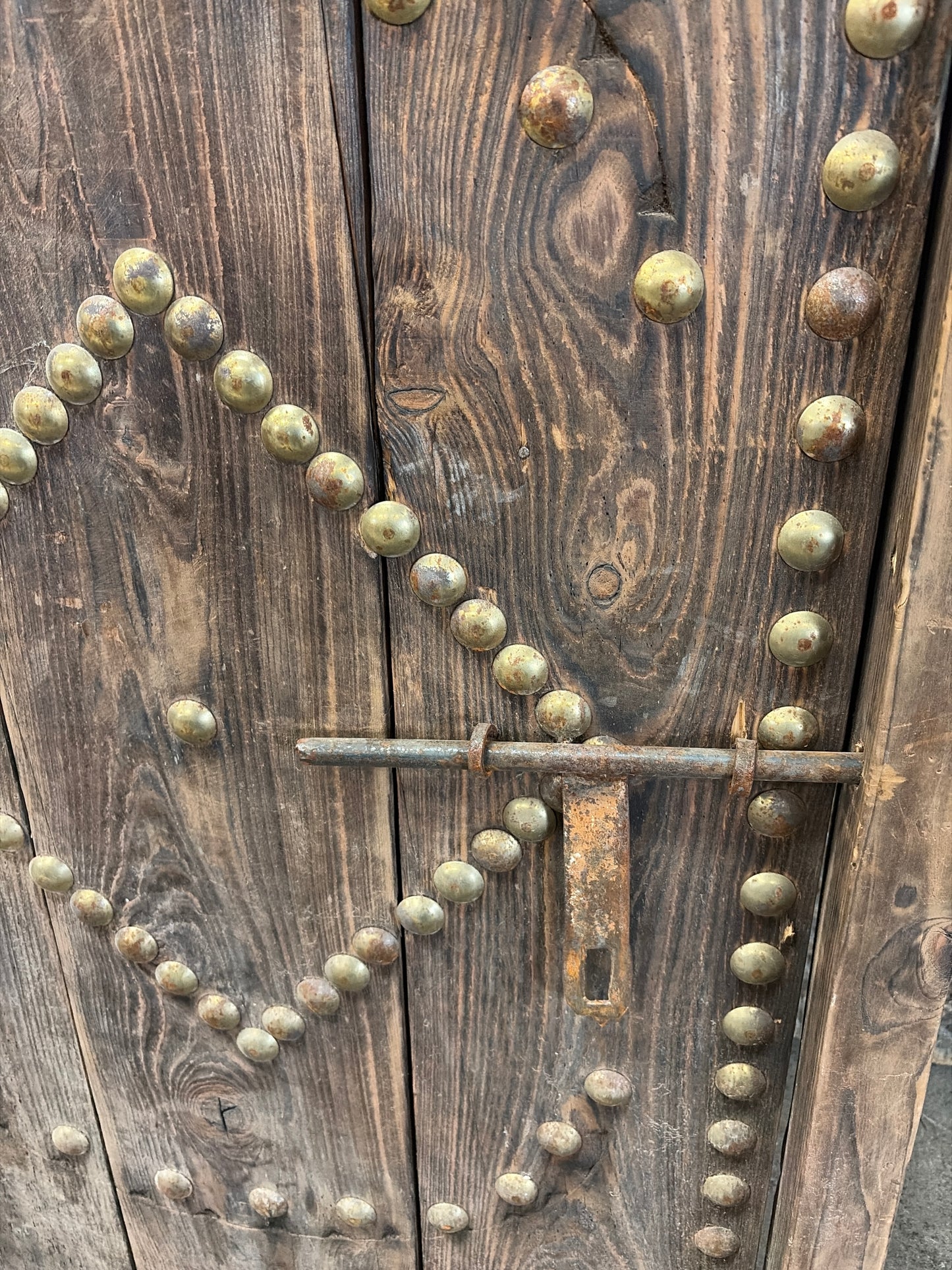 Morocco Medina Antique Dark Wood 1/2 Door with Geometric Metal Studs and Iron Deadbolt