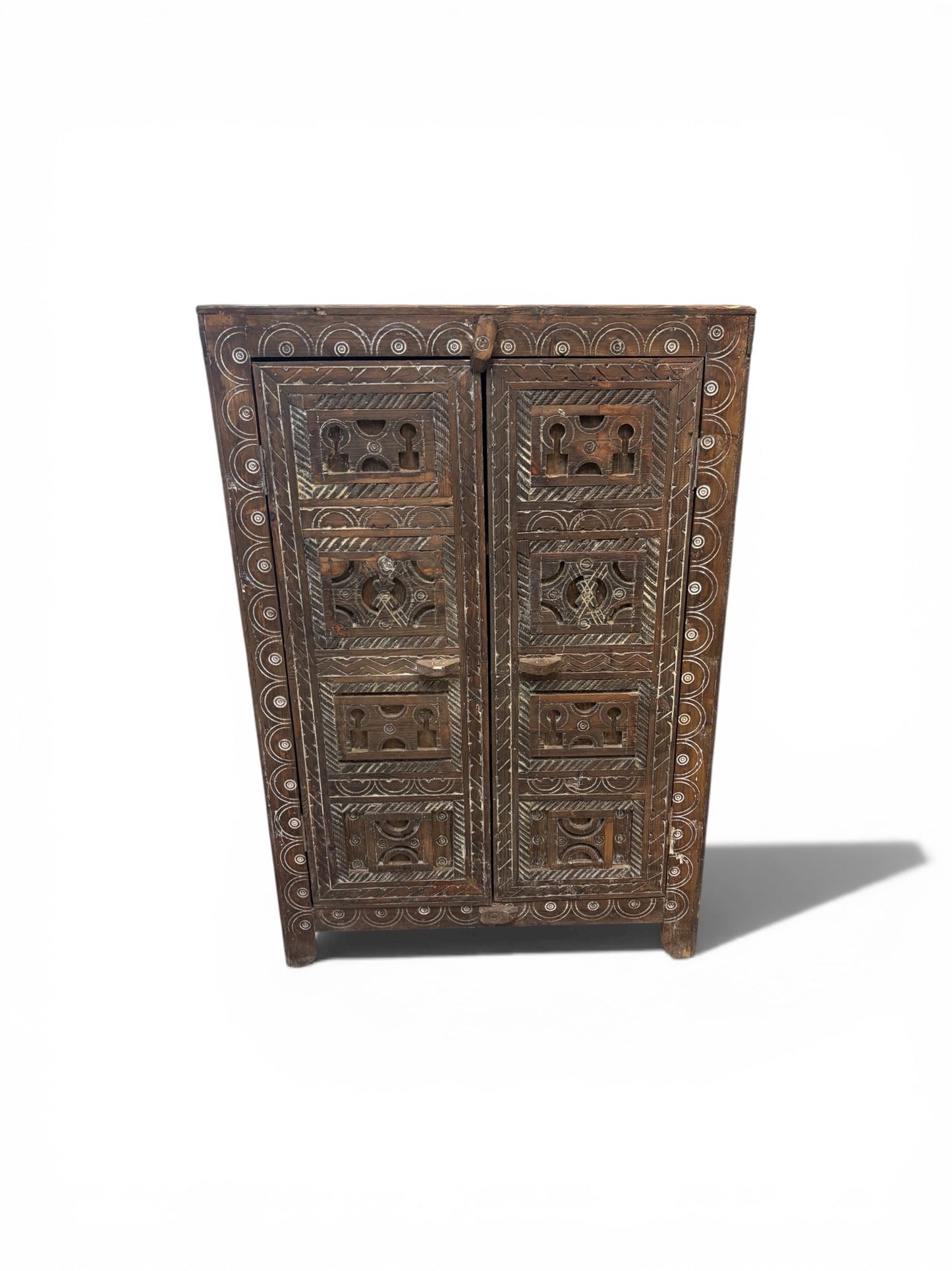 Morocco Medina Antique Hand-Carved Dark Wood Three-Tier Cabinet with White Geometric Inlay