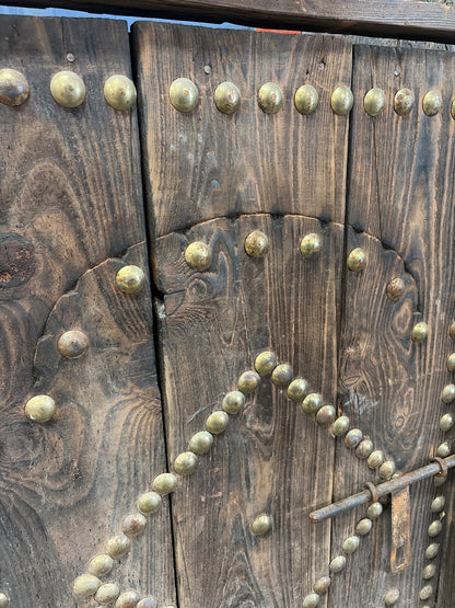 Morocco Medina Antique Dark Wood 1/2 Door with Geometric Metal Studs and Iron Deadbolt