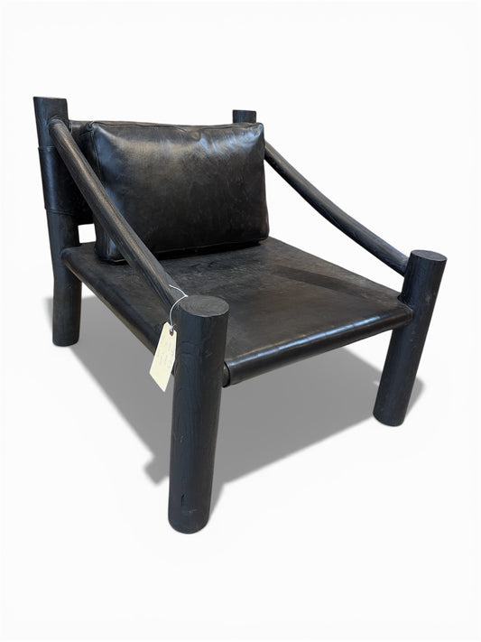 Bali Contemporary Leather & Black Wood Sling Lounge Chair – Black