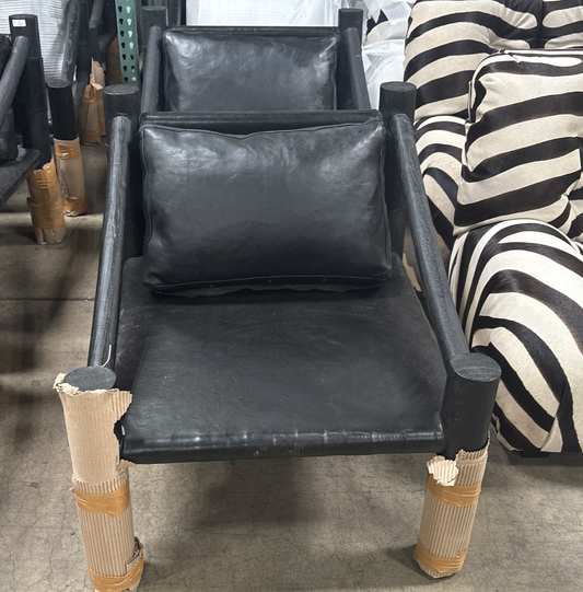 Bali Contemporary Leather & Black Wood Sling Lounge Chair – Black