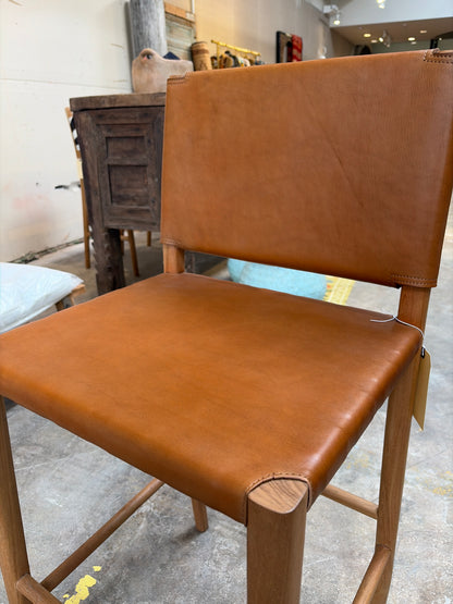 Bali Contemporary Leather & Wood Bar Stool – Cognac