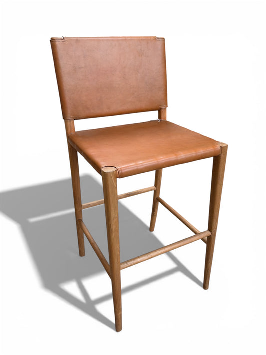 Bali Contemporary Leather & Wood Bar Stool – Cognac
