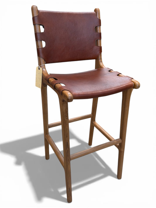 Bali Contemporary Leather & Wood Bar Stool w/ Buck-Strap Detail – Saddle
