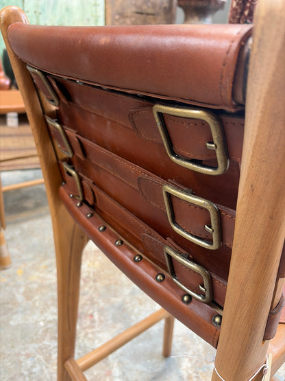 Bali Contemporary Leather & Wood Bar Stool w/ Buck-Strap Detail – Saddle