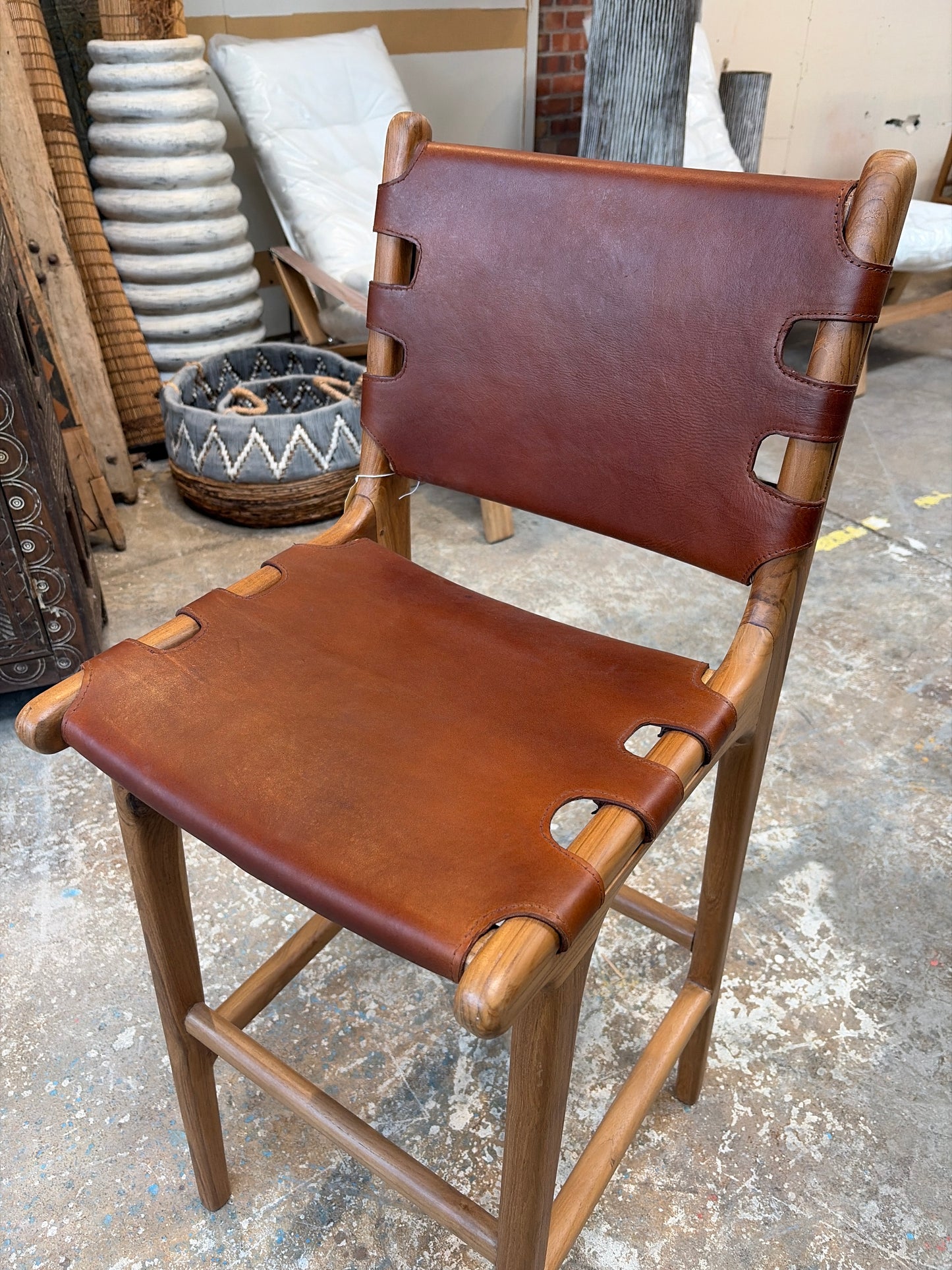 Bali Contemporary Leather & Wood Bar Stool w/ Buck-Strap Detail – Saddle