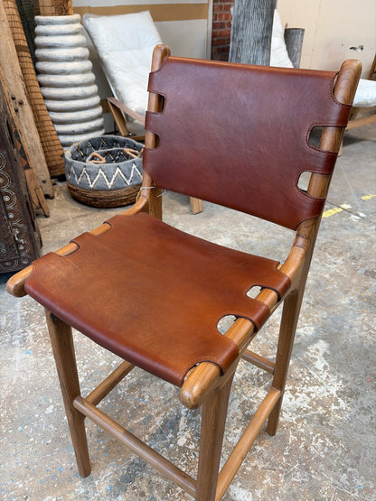 Bali Contemporary Leather & Wood Bar Stool w/ Buck-Strap Detail – Saddle