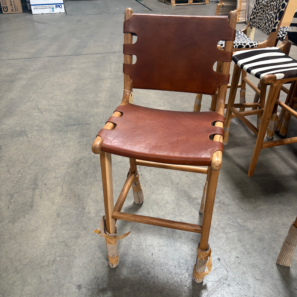 Bali Contemporary Leather & Wood Bar Stool w/ Buck-Strap Detail – Saddle