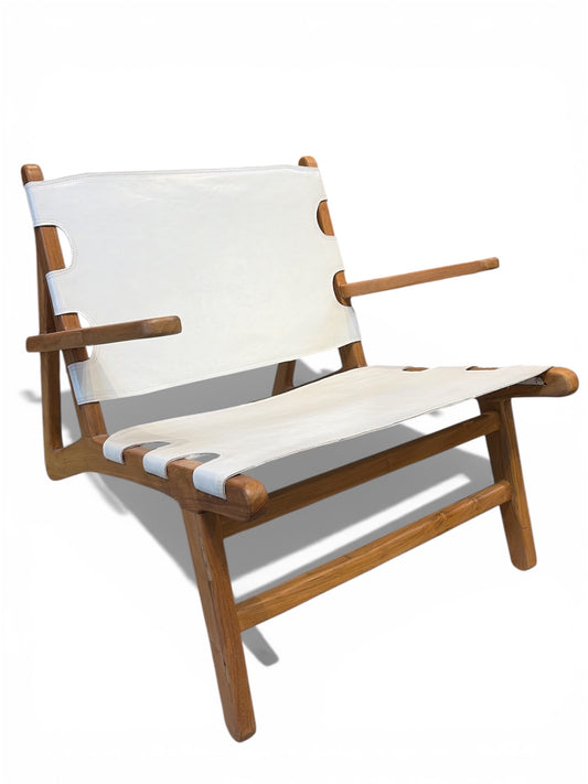 Bali Contemporary Leather & Wood Safari Sling Lounge Chair  – White