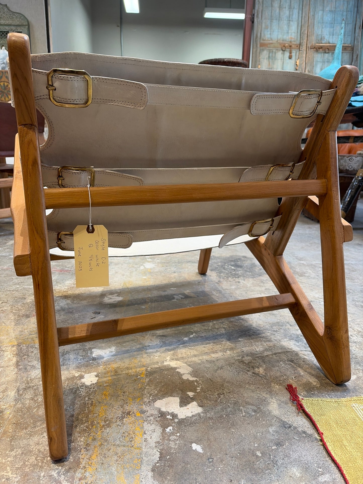 Bali Contemporary Leather & Wood Safari Sling Lounge Chair  – White