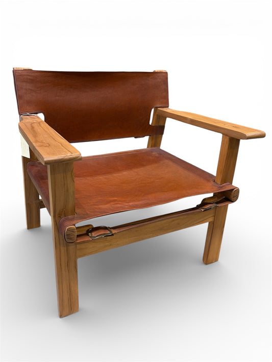 Bali Contemporary Leather & Wood Sling Lounge Chair – Saddle