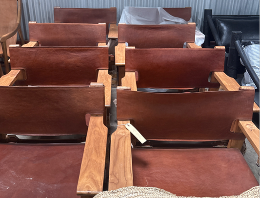 Bali Contemporary Leather & Wood Sling Lounge Chair – Saddle