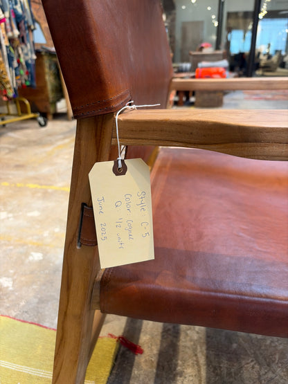 Bali Contemporary Leather & Wood Sling Lounge Chair – Saddle