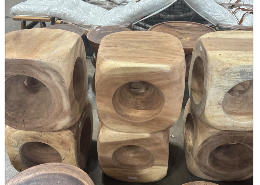 Bali Contemporary Wood Carved Cube Side Table – Natural