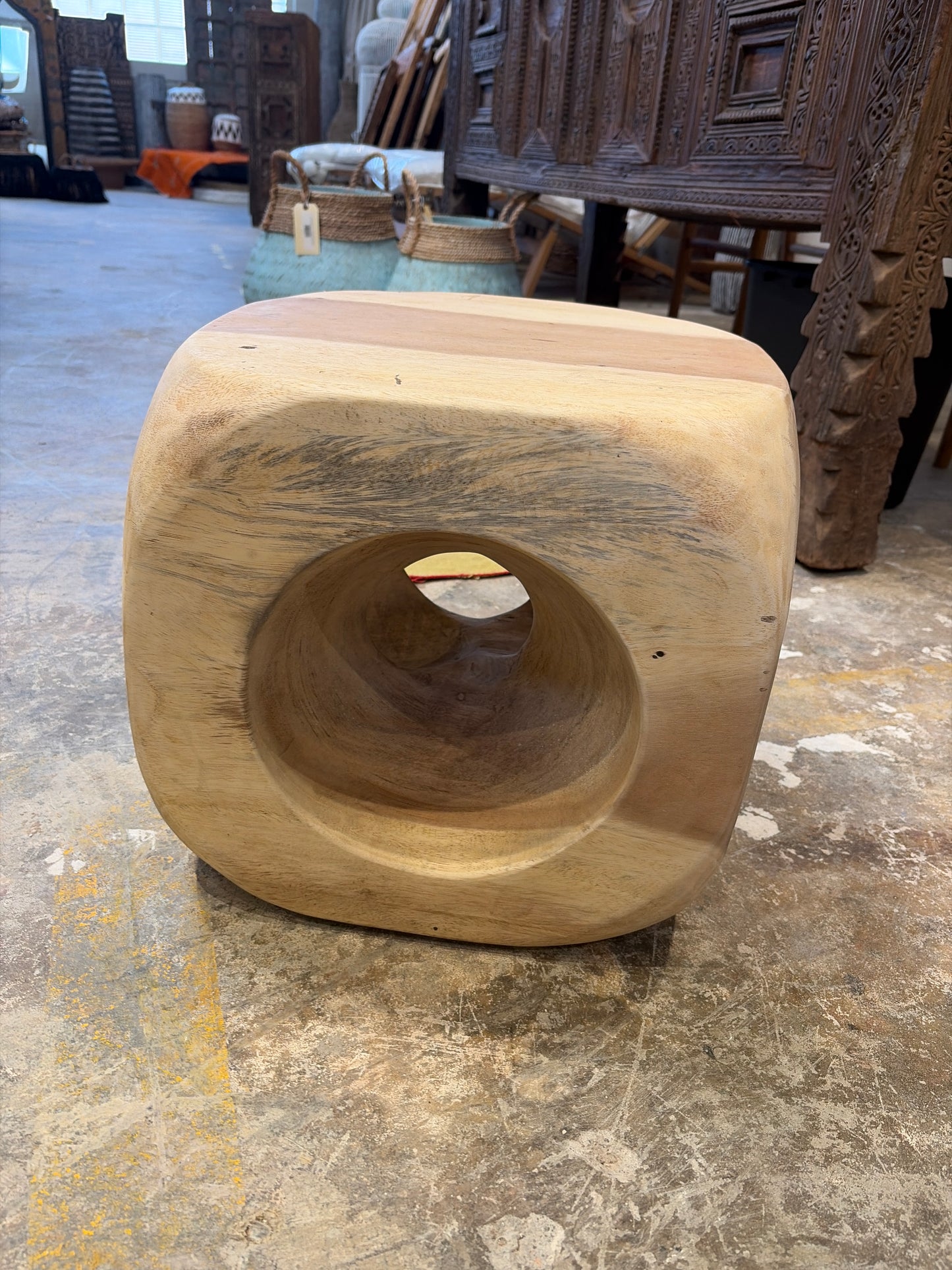 Bali Contemporary Wood Carved Cube Side Table – Natural