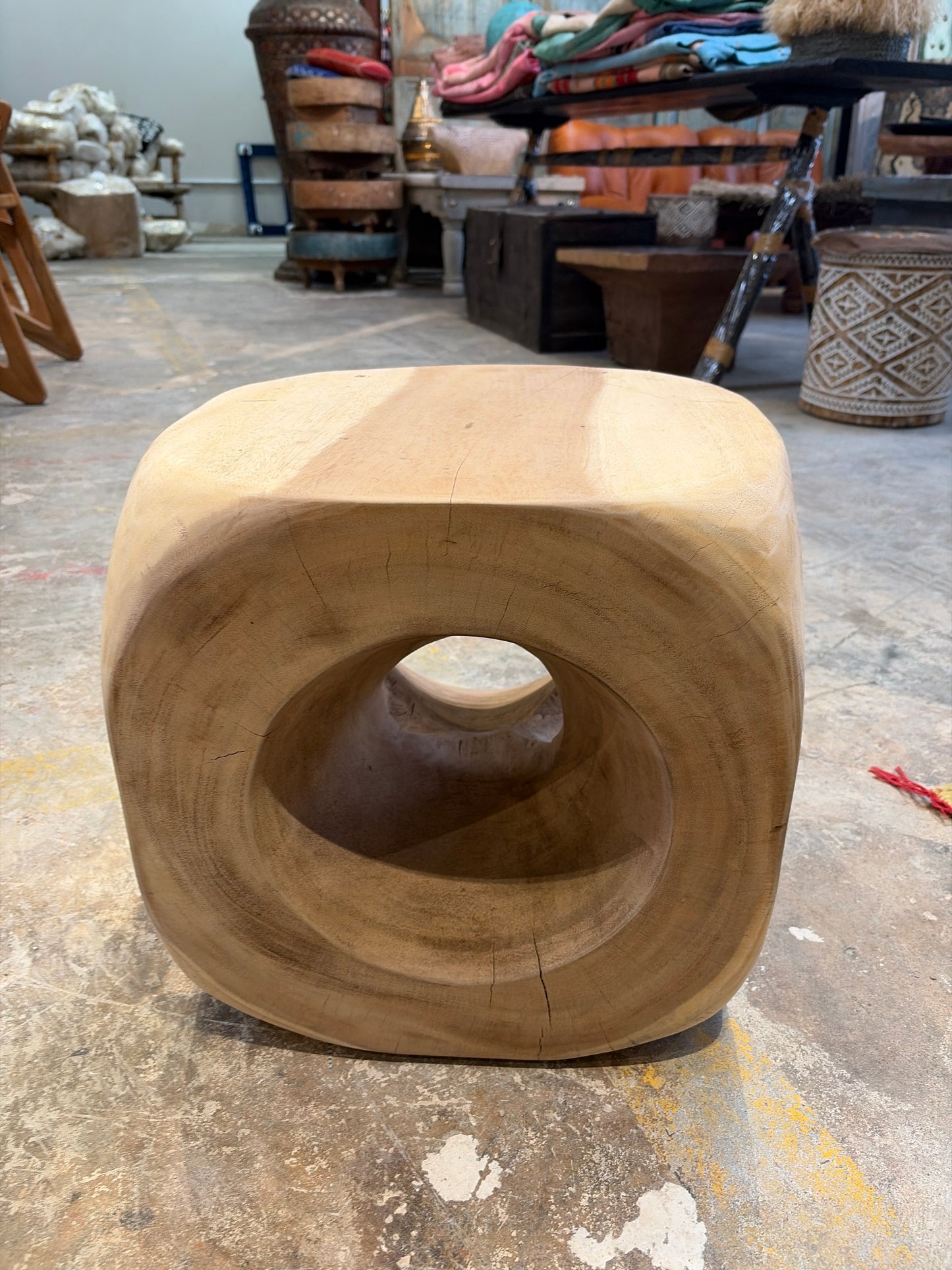 Bali Contemporary Wood Carved Cube Side Table – Natural