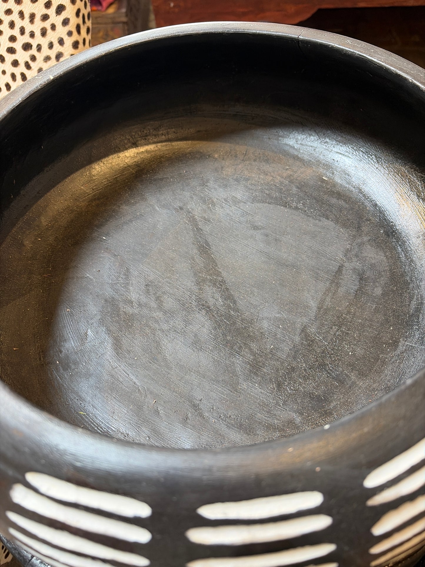 Bali Earthform Carved Wood Centerpiece Bowl – Black & White Etched Notch