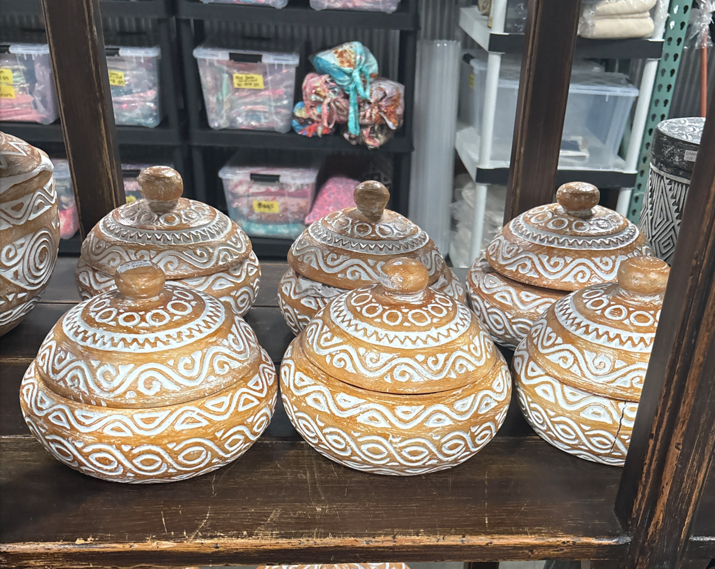 Bali Earthform Clay Tribal Carved Dome Lidded Pot – White Etched