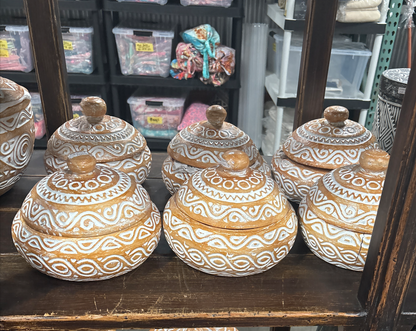 Bali Earthform Clay Tribal Carved Dome Lidded Pot – White Etched