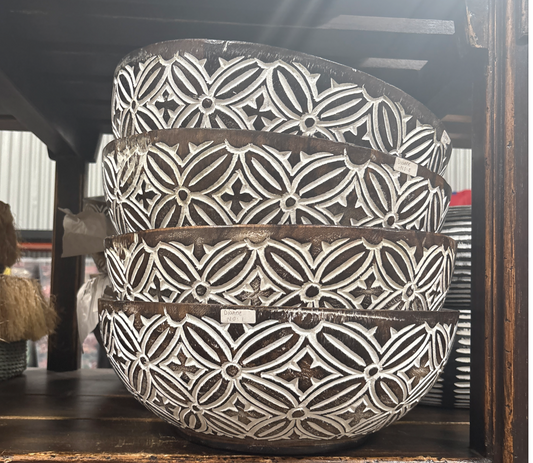 Bali Earthform Wood Carved Totem Bowl – Brown with White Etched Design