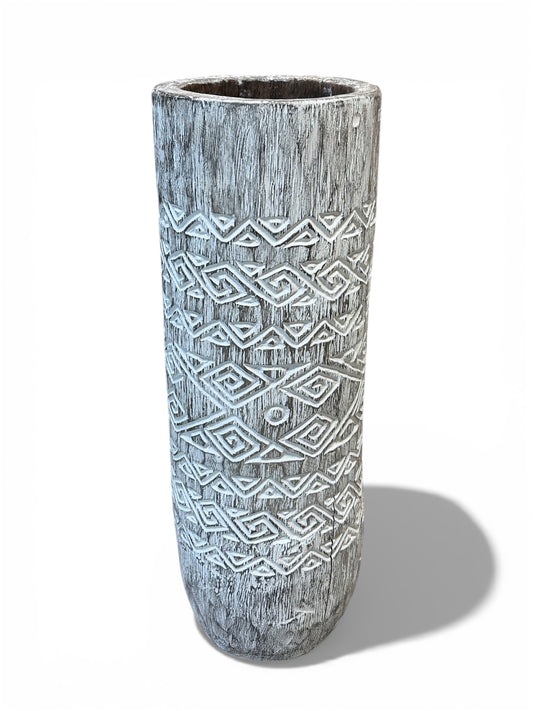 Bali Earthform Wood Carved Totem Vessel – Ornamental Finish White