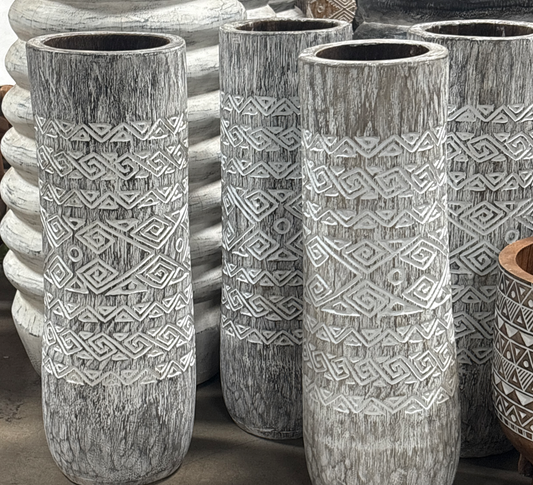 Bali Earthform Wood Carved Totem Vessel – Ornamental Finish White