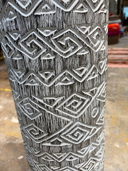 Bali Earthform Wood Carved Totem Vessel – Ornamental Finish White