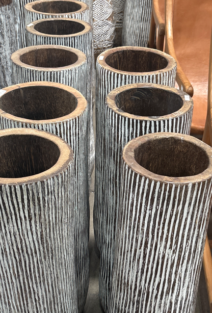 Bali Earthform Wood Carved Totem Vessel – White Linework