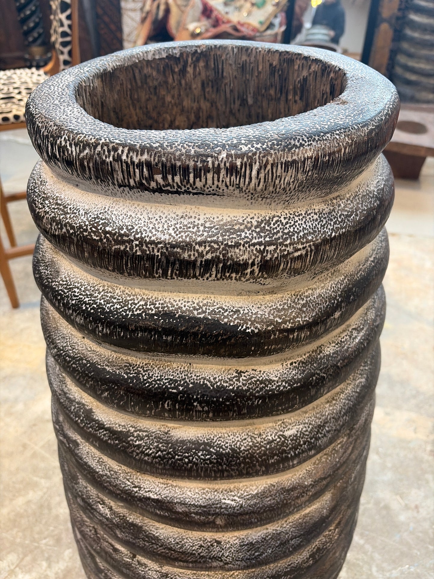 Bali Earthform Wood Sculptural Vessel – Charcoal Wash