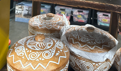 Bali Earthform Clay Tribal Carved Dome Lidded Pot – White Etched