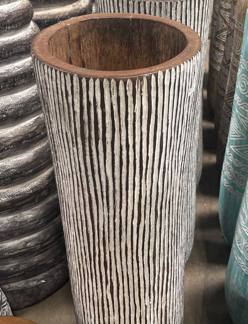 Bali Earthform Wood Carved Totem Vessel – White Linework