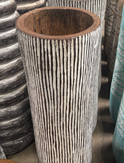 Bali Earthform Wood Carved Totem Vessel – White Linework