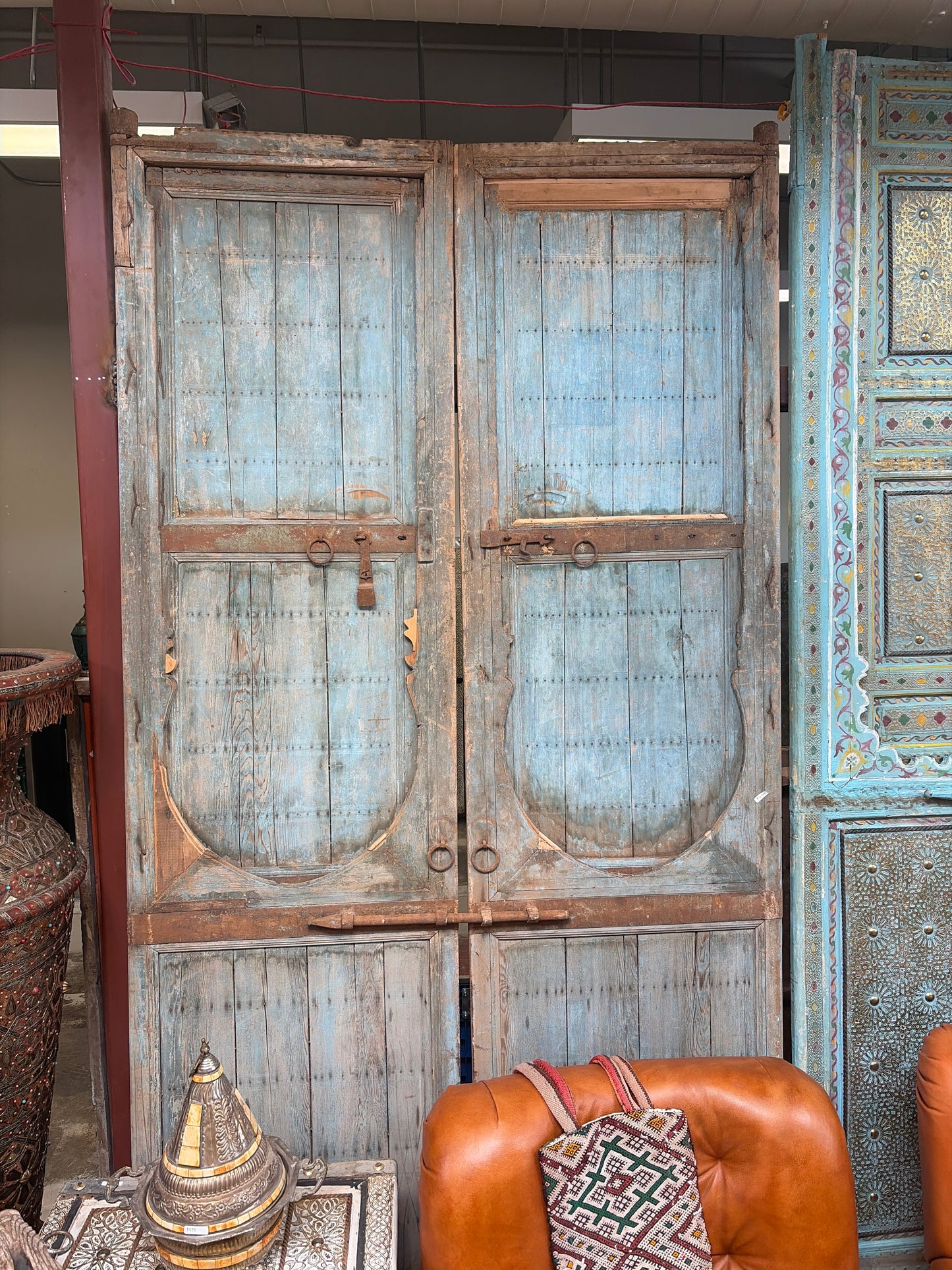 Morocco Medina Extra Large Antique Dual Door with Distressed Blue Patina and Iron Deadbolt