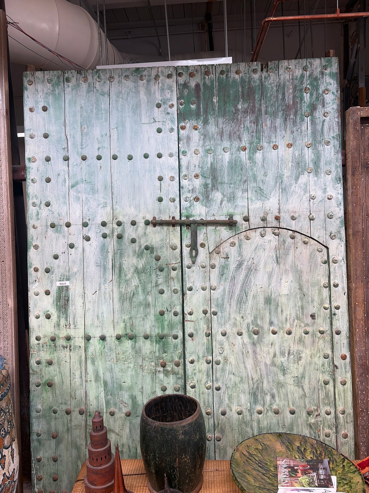 Morocco Medina Extra Large Antique Dual Door with Distressed Green Patina, Round Metal Studs, and Iron Deadbolt