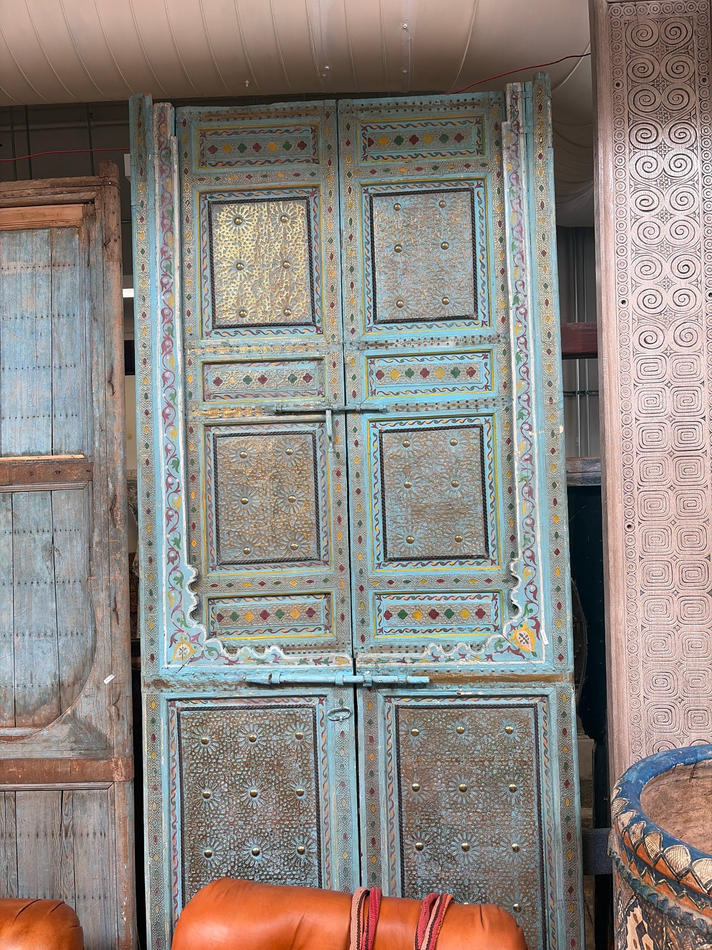 Morocco Medina Extra Large Painted Blue and Yellow Zouak Dual Door with Embossed Gold Inlay and Iron Deadbolt