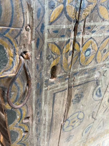 Morocco Medina Antique Distressed Green, Blue, and Yellow Painted Geometric 1/2 Door