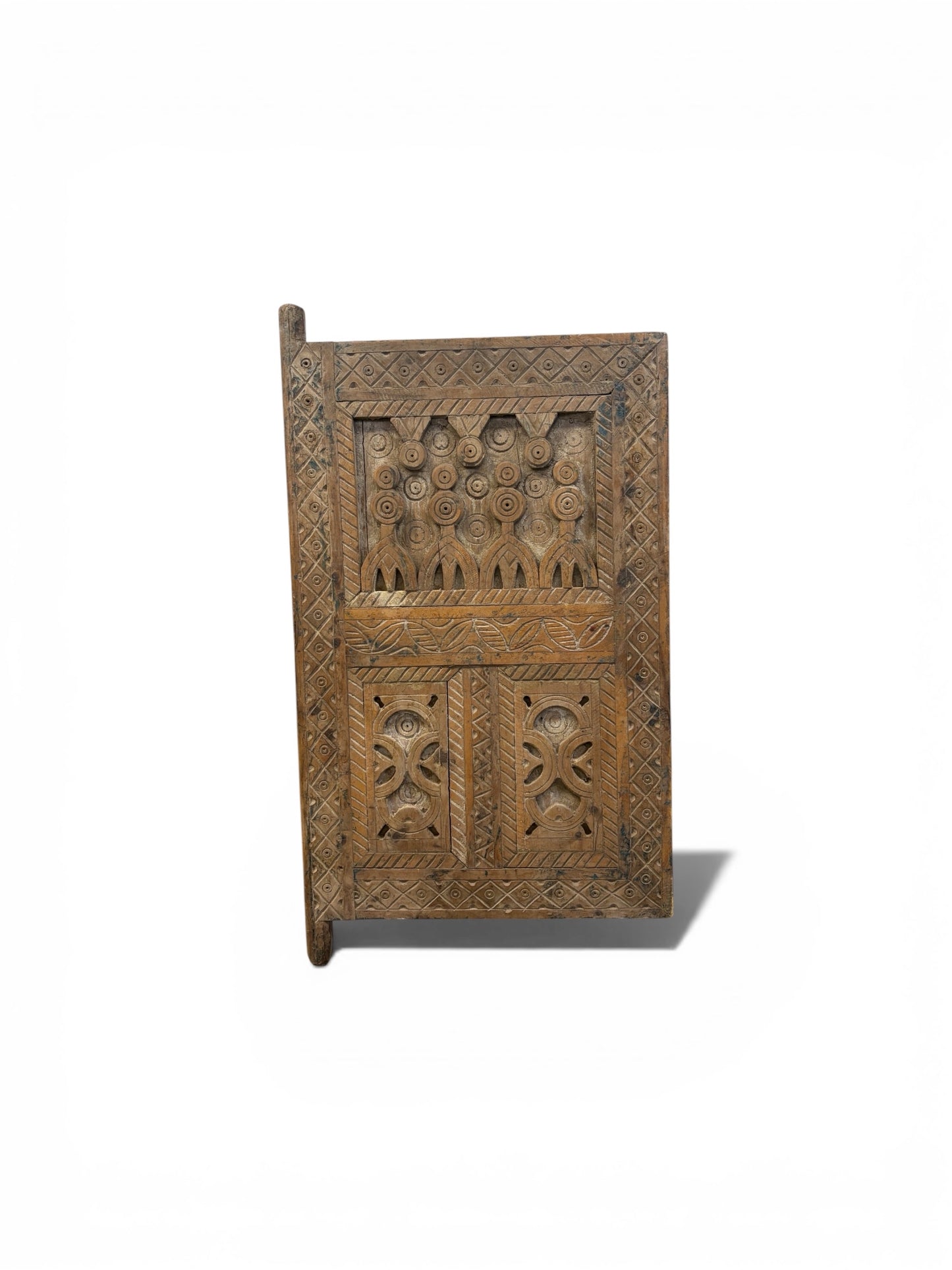 Morocco Medina Antique Hand-Carved Geometric Wood Window Door with Rosette Motifs