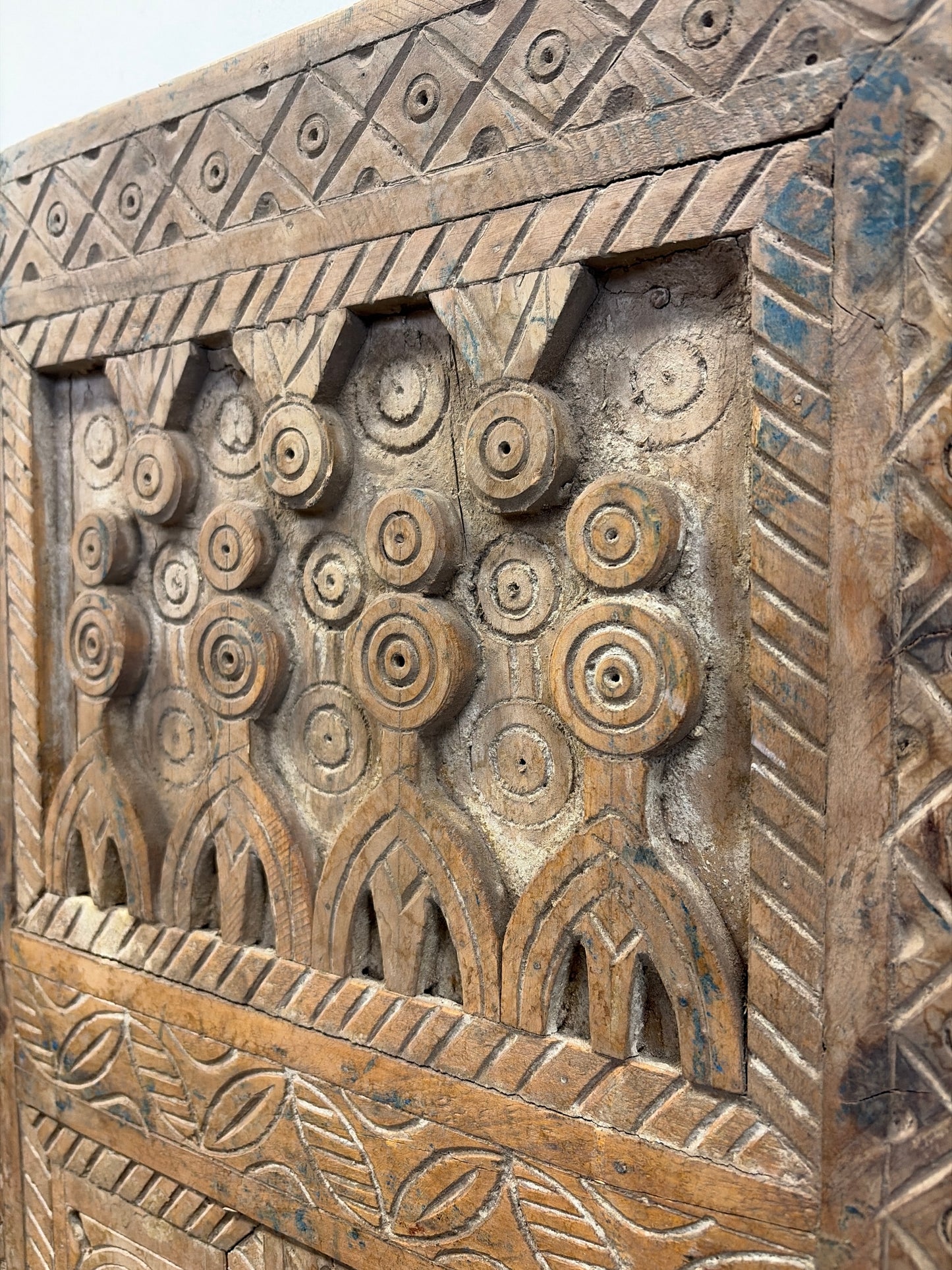 Morocco Medina Antique Hand-Carved Geometric Wood Window Door with Rosette Motifs