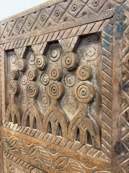 Morocco Medina Antique Hand-Carved Geometric Wood Window Door with Rosette Motifs